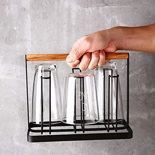 GINOYA BROTHERS Metal Drainer Holder Rack Non-Slip Mugs Cups Glasses Organizer with Wood Handle, Pack of 1, Black
