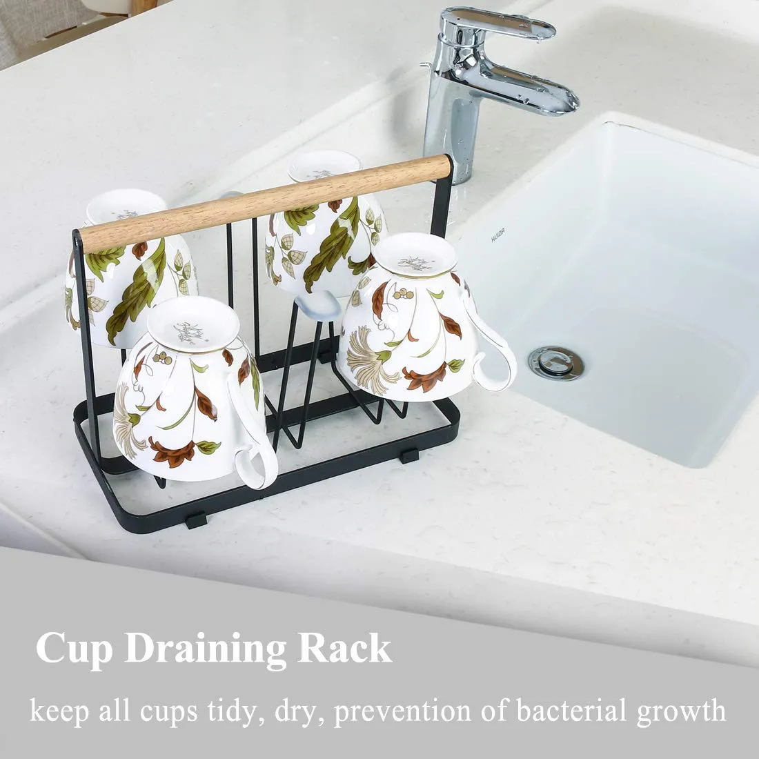GINOYA BROTHERS Metal Drainer Holder Rack Non-Slip Mugs Cups Glasses Organizer with Wood Handle, Pack of 1, Black