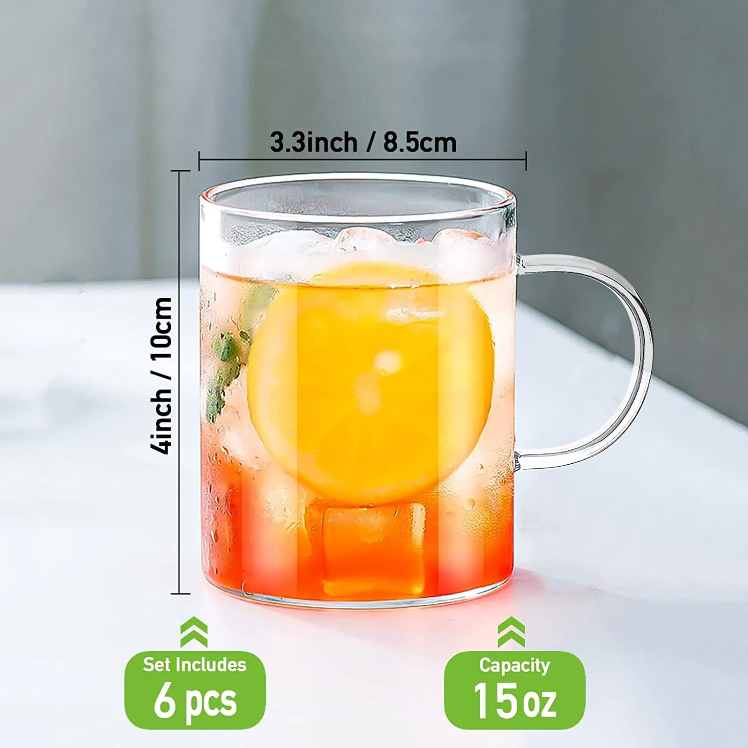 Glass Coffee Mugs Set of 6, Aoeoe 15 oz Large Coffee Mug, Wide Mouth Glass Mugs, Mocha Hot Beverage Mugs, Clear Espresso Cups with Handle, Glass Cup for Hot or Cold Latte, Cappuccino, Tea, Juice, Beer - WIL-X002VD5MZ3