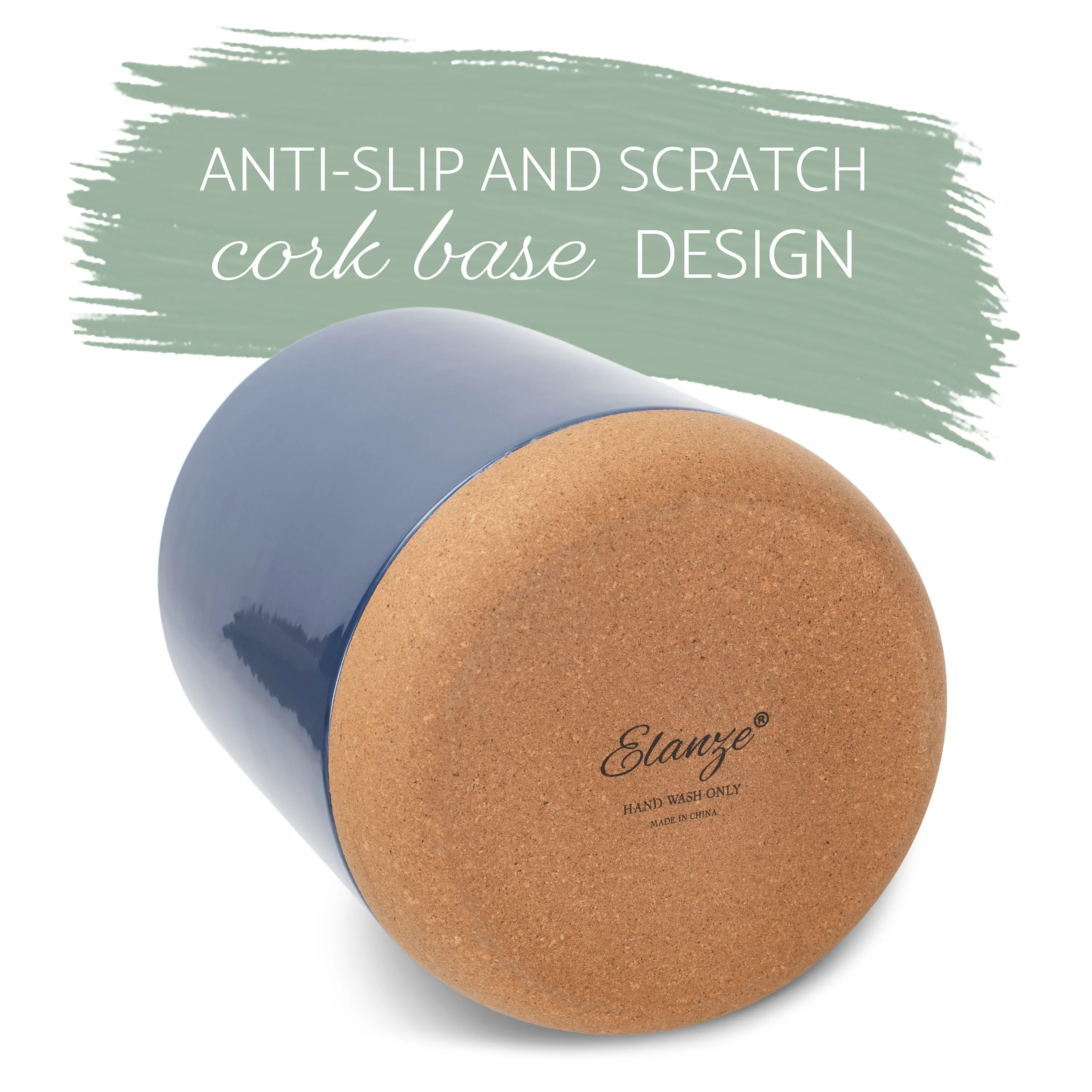 Glossy X-Large Ceramic Stoneware Cork Bottom Kitchen Utensil Holder, Navy Blue