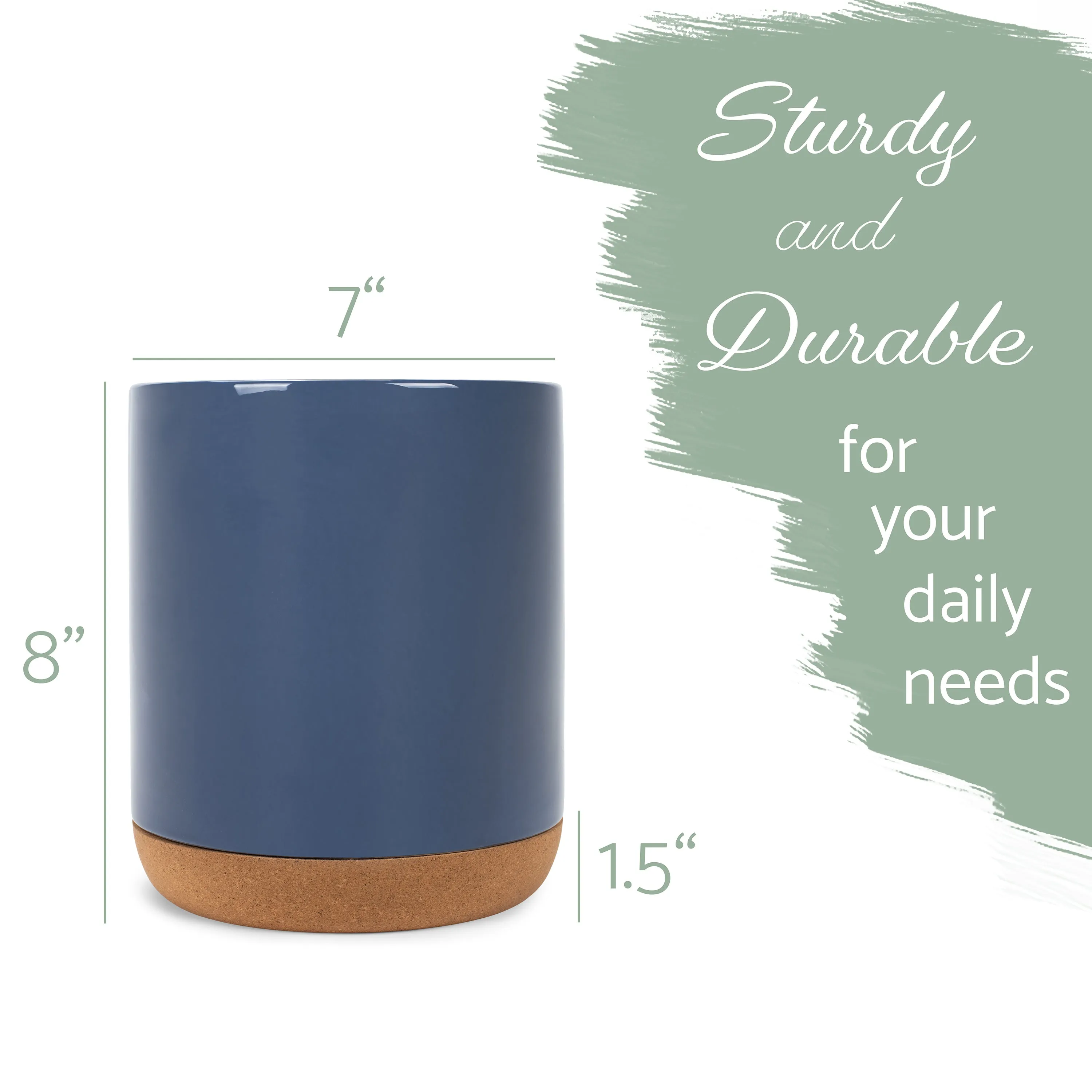 Glossy X-Large Ceramic Stoneware Cork Bottom Kitchen Utensil Holder, Navy Blue
