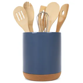 Glossy X-Large Ceramic Stoneware Cork Bottom Kitchen Utensil Holder, Navy Blue