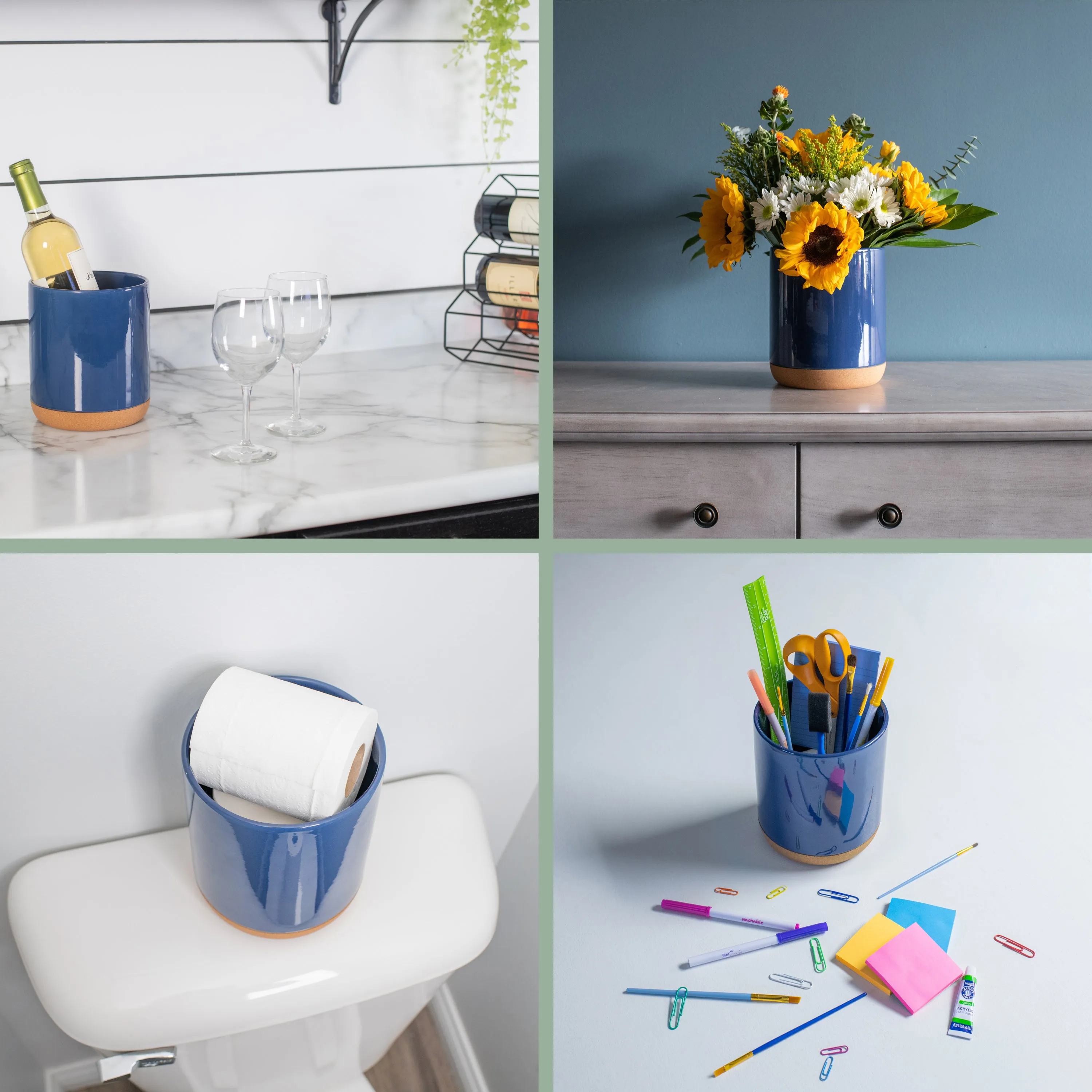 Glossy X-Large Ceramic Stoneware Cork Bottom Kitchen Utensil Holder, Navy Blue