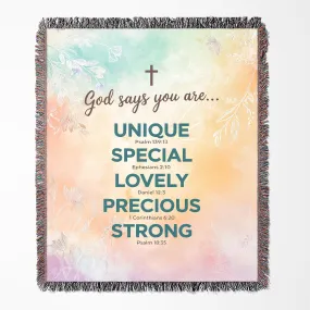 God Says You Are Unique Affirmation 50" x 60" Christian Gift Woven Jacquard Blanket