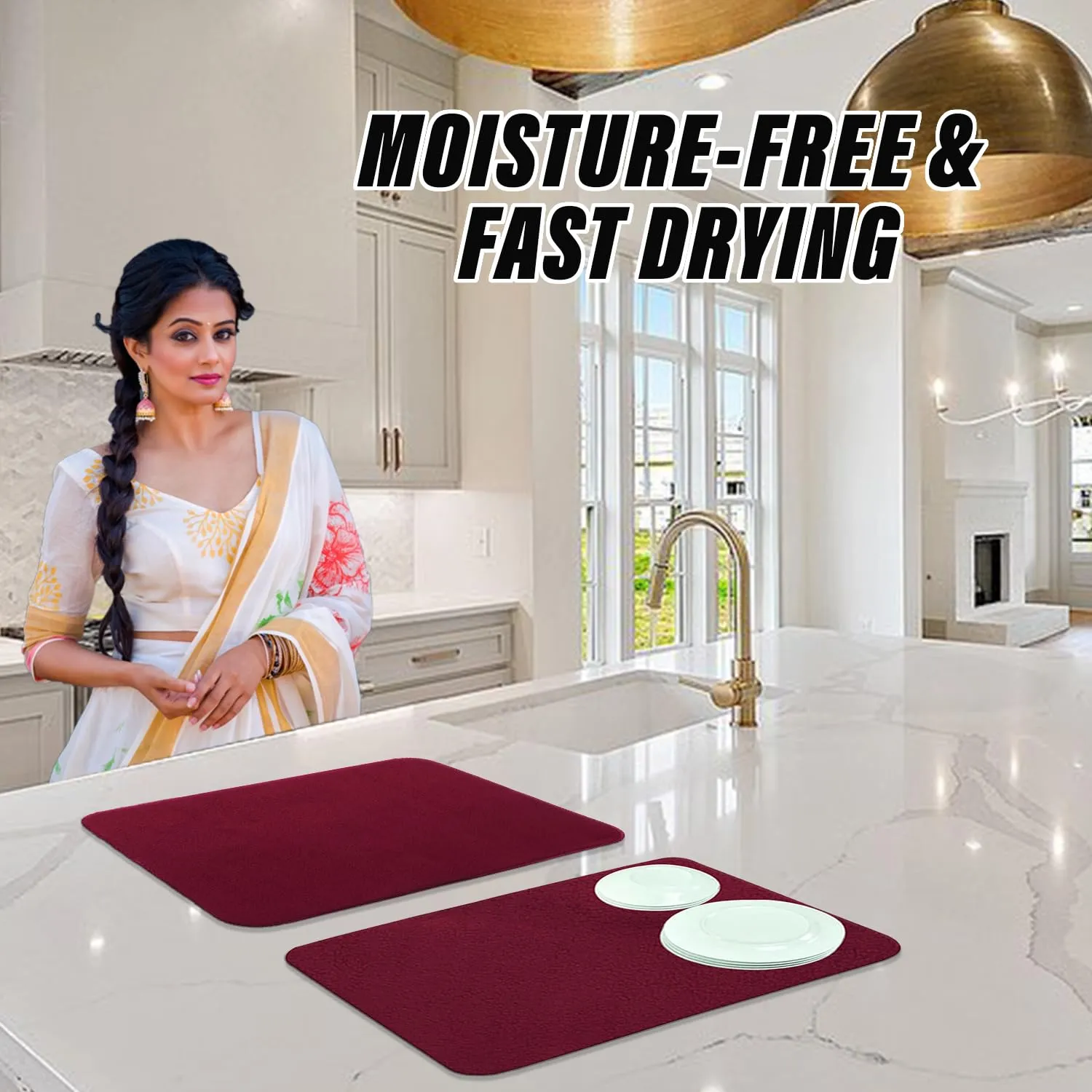 Heart Home Dish Drying Mat | Microfiber Kitchen water Absorbent Mat | Reversible Drying Mat for Kitchen Utensils | Kitchen Utensils Mat | 38x50 cm | Maroon