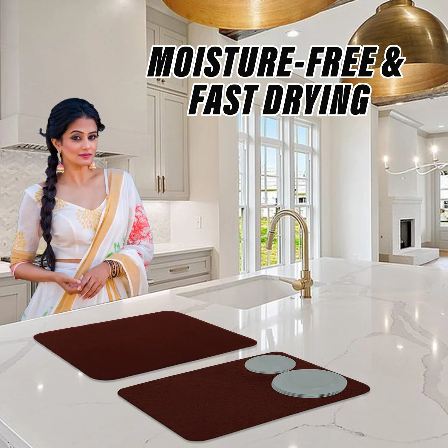Heart Home Dish Drying Mat | Microfiber Kitchen water Absorbent Mat | Reversible Drying Mat for Kitchen Utensils | Kitchen Utensils Mat | 38x50 cm | Pack of 2 | Brown