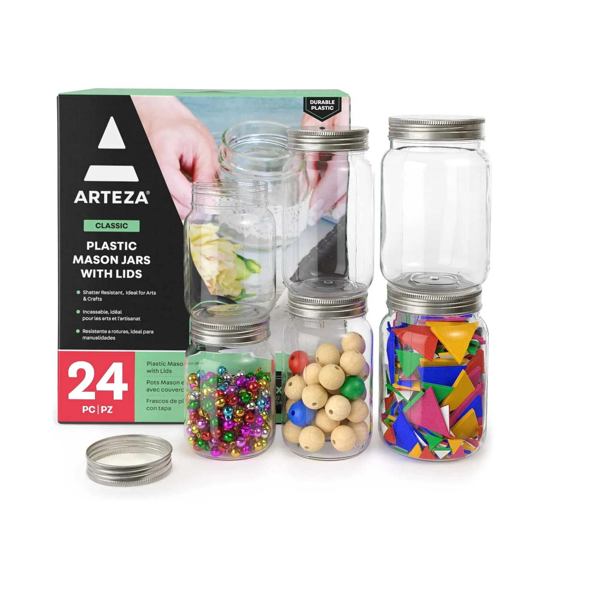 Mason Jars | 12 Regular Mouth Plastic Jars | 8 oz, 12 oz, 16 oz | Reusable Lids
