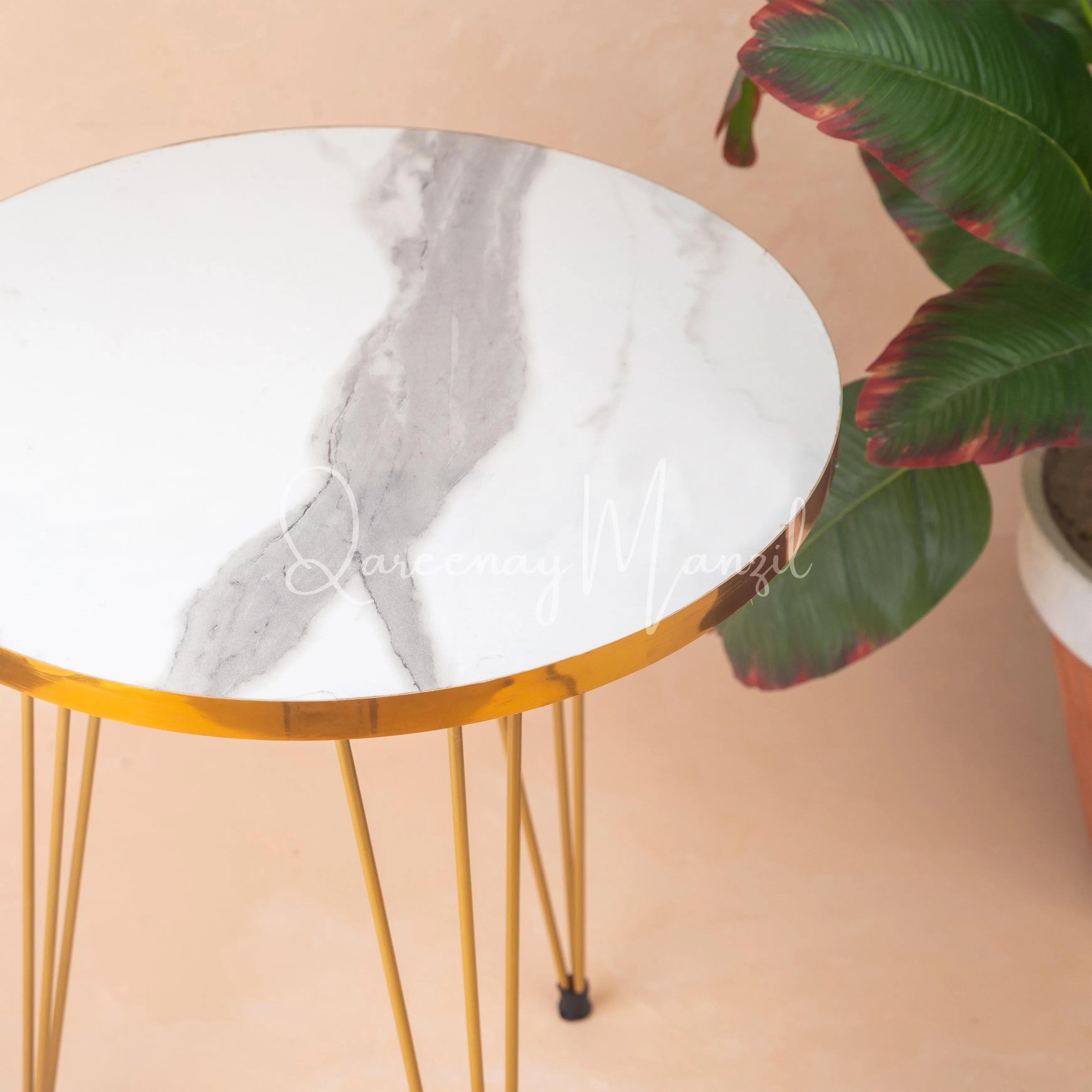 Metal Legs Table Set High Quality Glossy Top Waterproof MDF – White Round with Golden Border