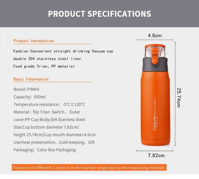 PINKAH 650ML Thermo Mug Stainless Steel Vacuum Flasks Sport Style Insulated Outdoor Water Bottle Thermos
