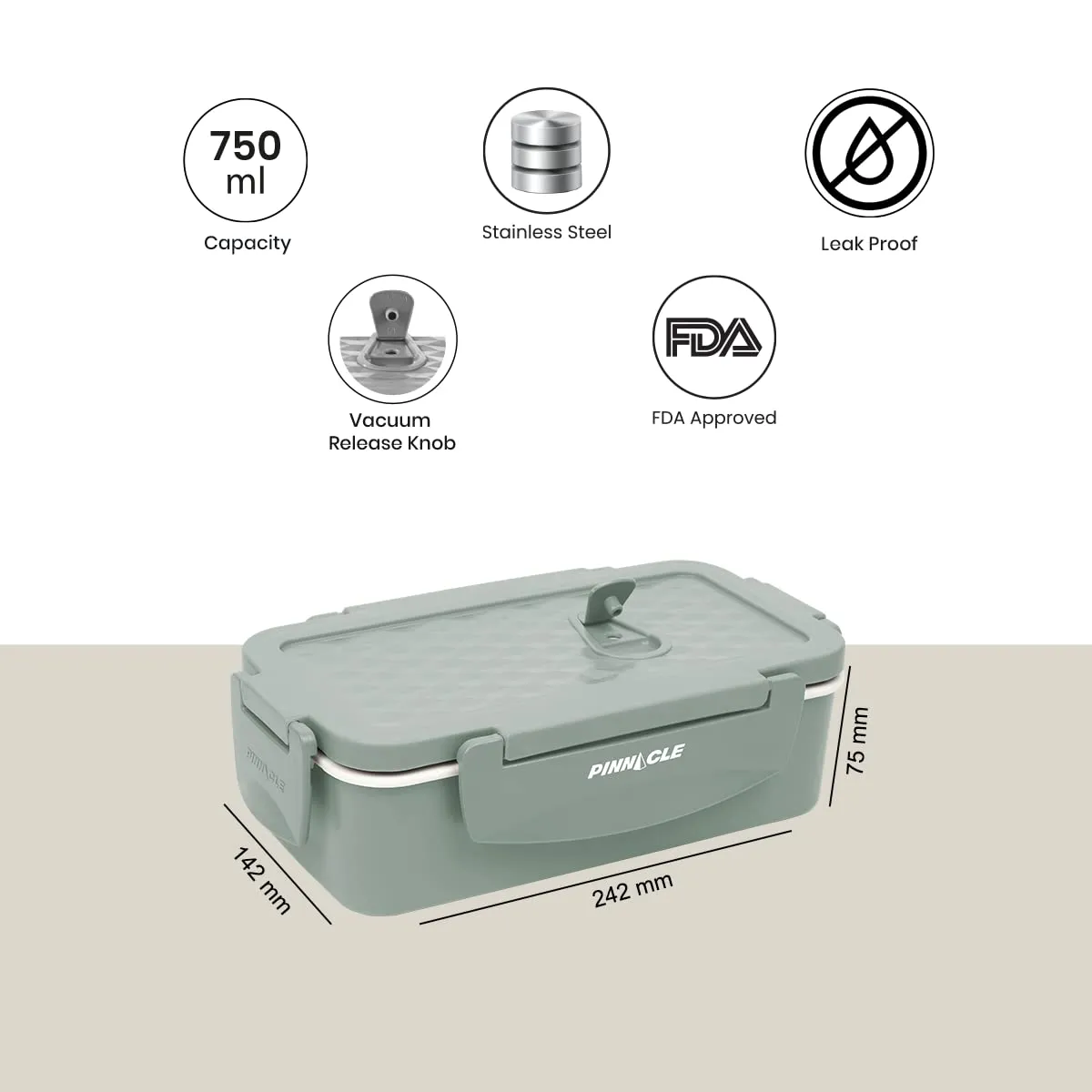 Pinnacle Prata Stainless Steel Insulated Lunch Box (750ml) | Lunch Box for Kids & Office Women | Leak Proof Lunch Box | Tiffin Box | Lunch Boxes for Office Men | Keeps Warm for 4hrs | Blue (Green)