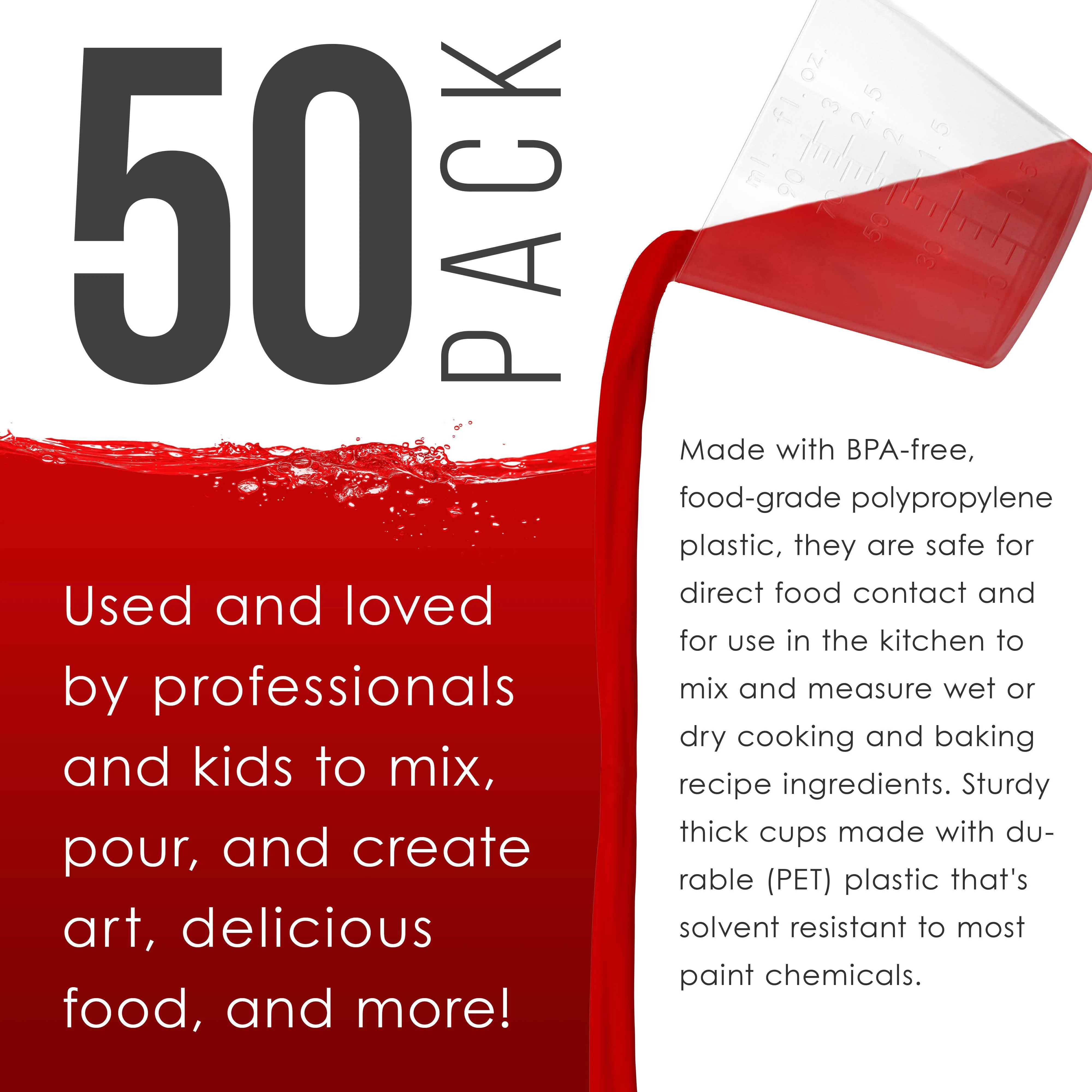 Pouring Masters 3 Ounce (90ml) Graduated Plastic Measuring Cups (50 Clear Cups & 25 Mixing Sticks) - OZ, ML Measurements, Acrylic Paint, Resin, Epoxy