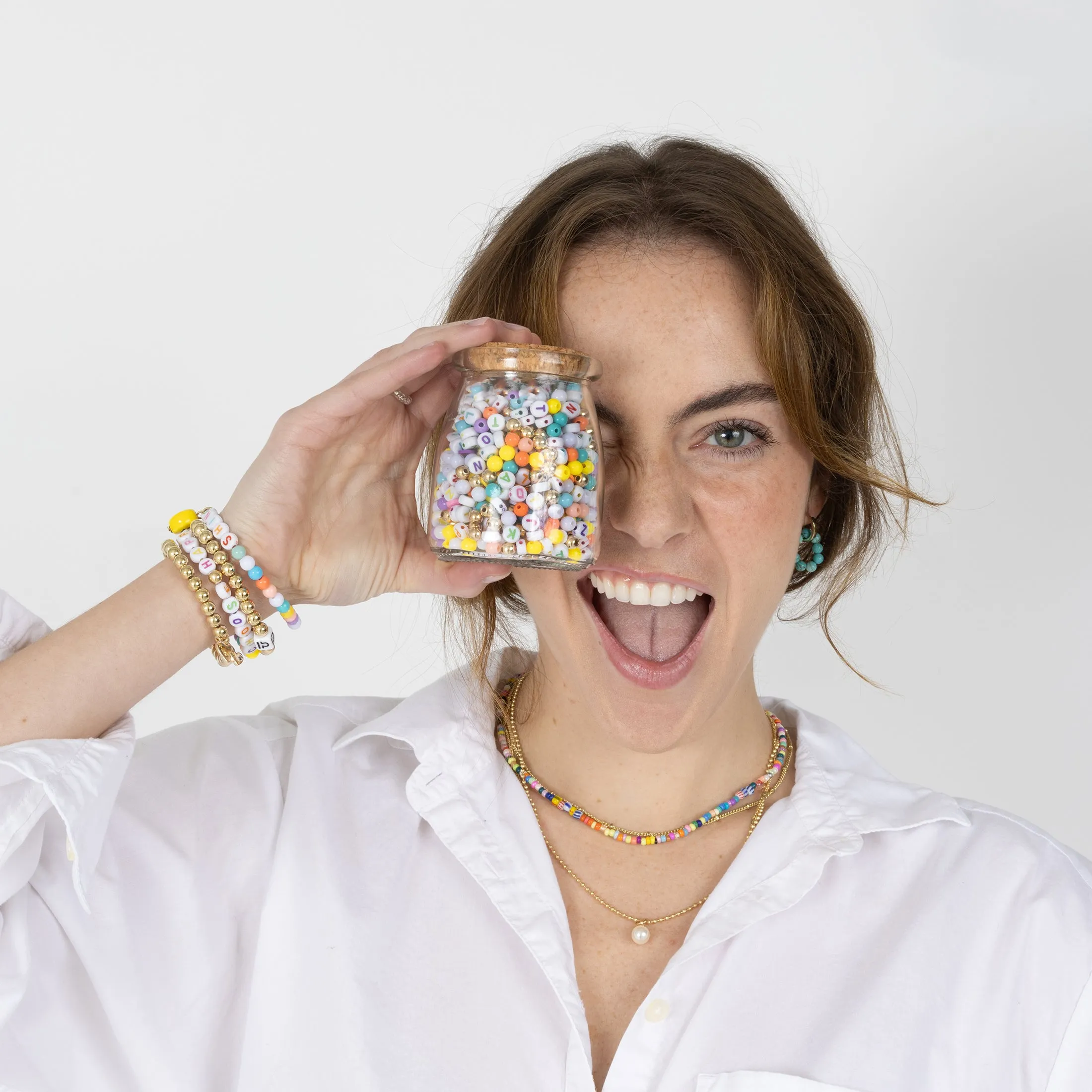 Shine Pastel Multicolor DIY Letter Bead Jar with Ceramic Happy Face Charm