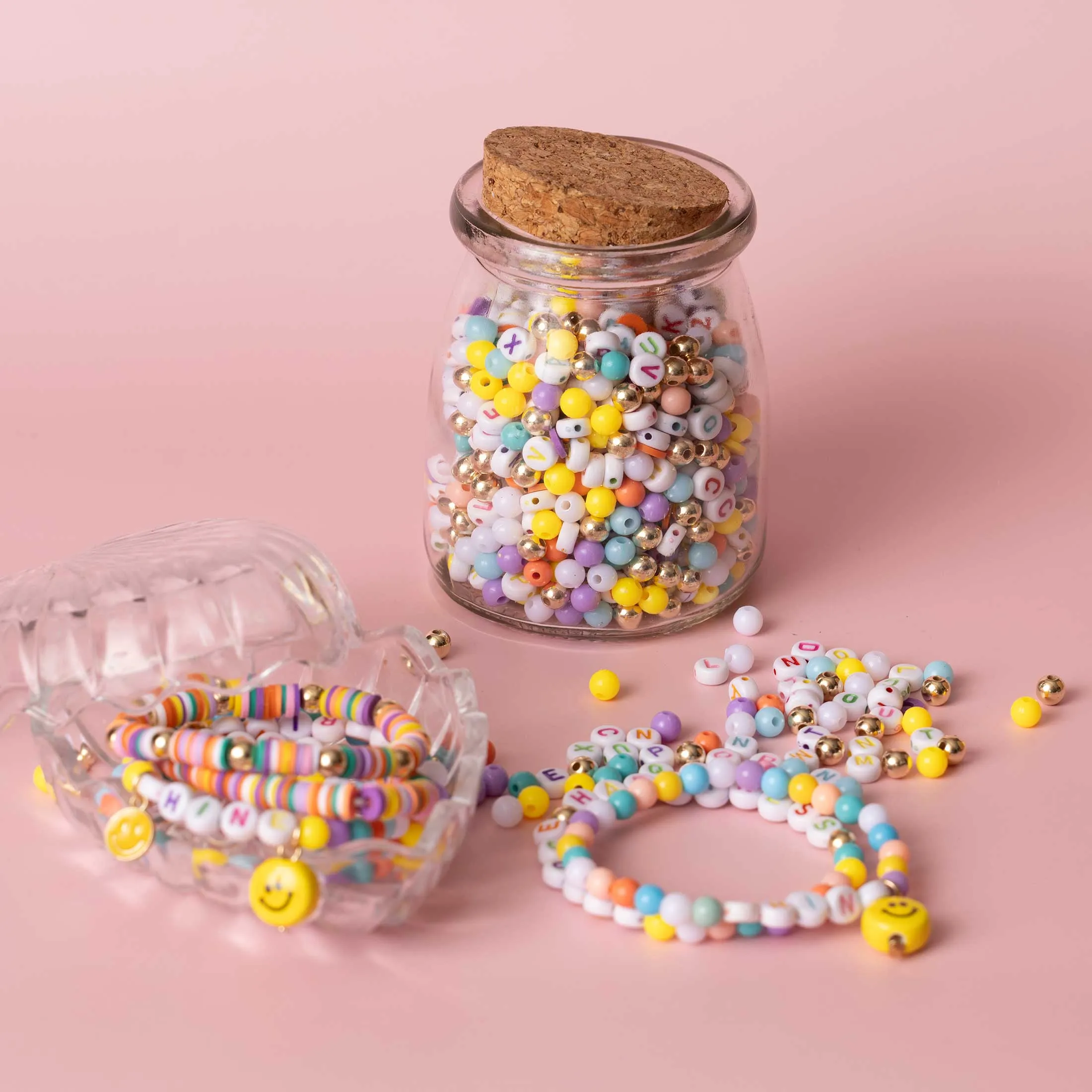Shine Pastel Multicolor DIY Letter Bead Jar with Ceramic Happy Face Charm