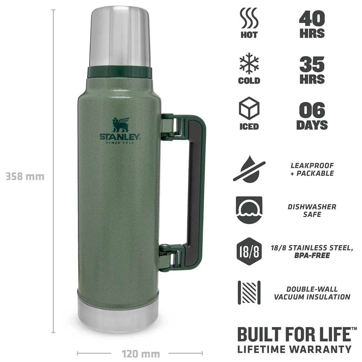 Stanley Classic Legendary Vacuum Thermos Flask 1.4L Hammertone Green