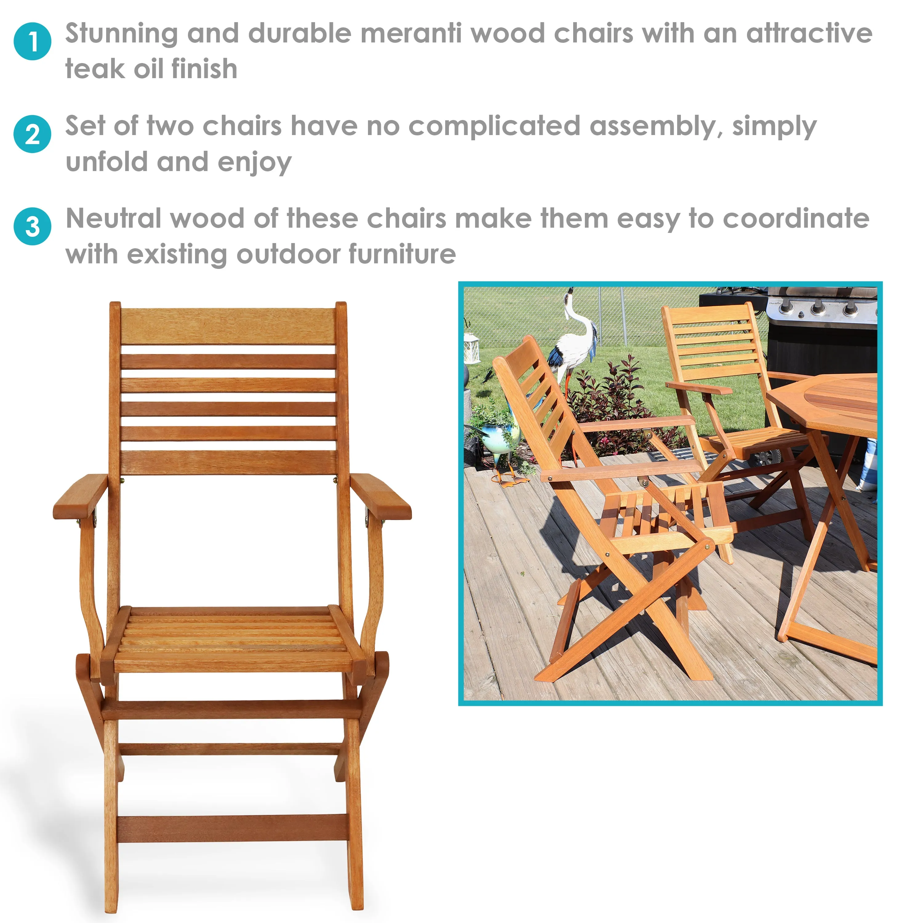 Sunnydaze Meranti Wood Outdoor Folding Patio Armchairs - Set of 2