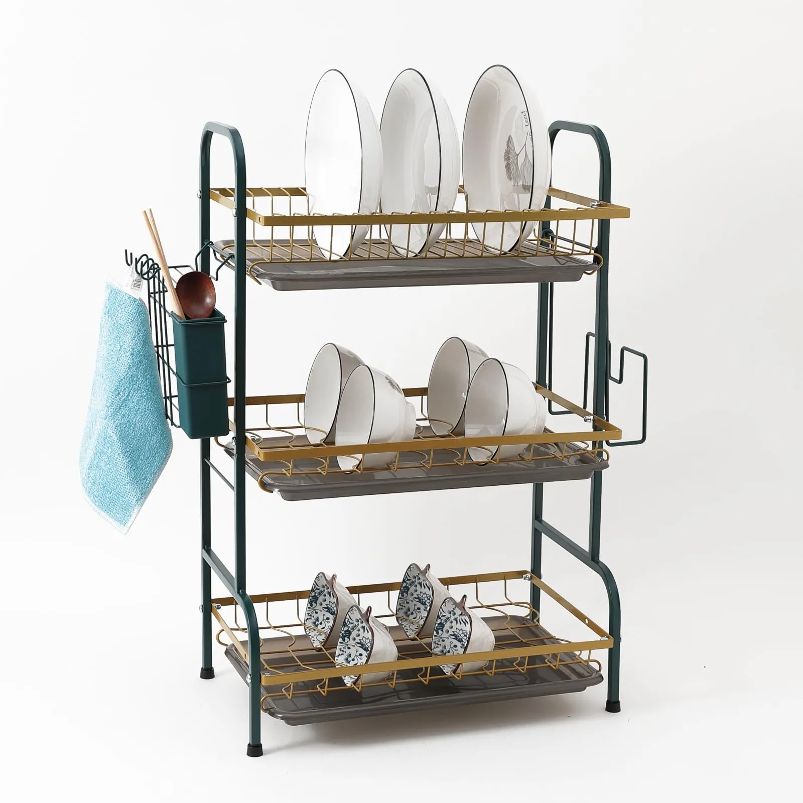 UMAI Kitchen Utensil Organizer | 3-Layer Bowl Holder with Drain Storage | Rust-Resistant Space Saving, Durable, and Stylish (Green Gold)
