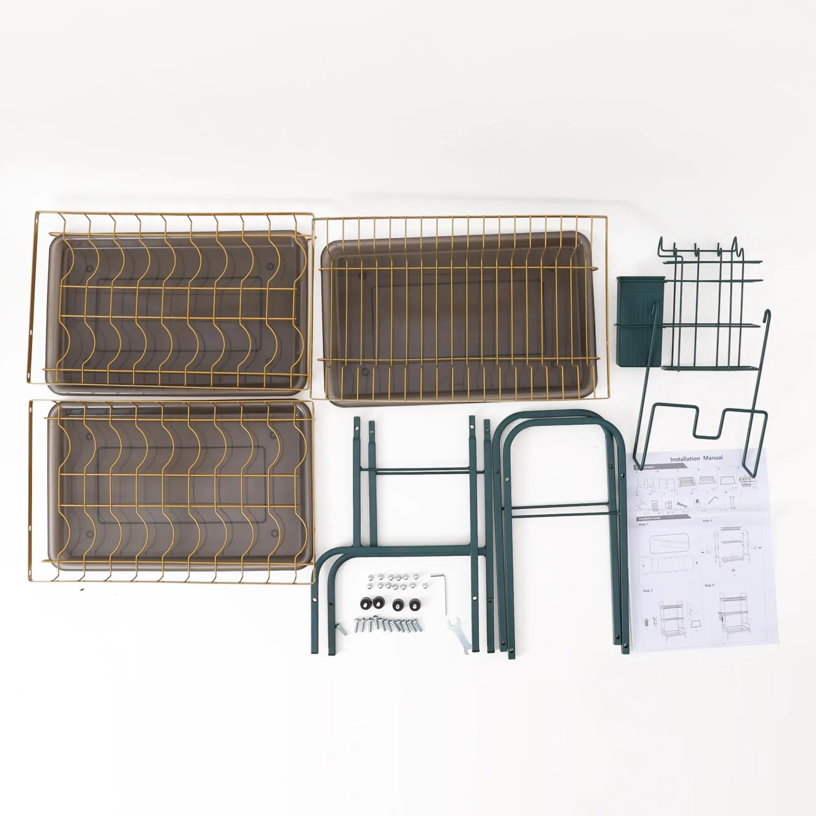 UMAI Kitchen Utensil Organizer | 3-Layer Bowl Holder with Drain Storage | Rust-Resistant Space Saving, Durable, and Stylish (Green Gold)