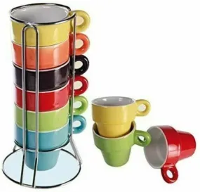 Universal Stackable Set of 6 Espresso Coffee Ceramic Mugs & Stand