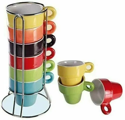 Universal Stackable Set of 6 Espresso Coffee Ceramic Mugs & Stand