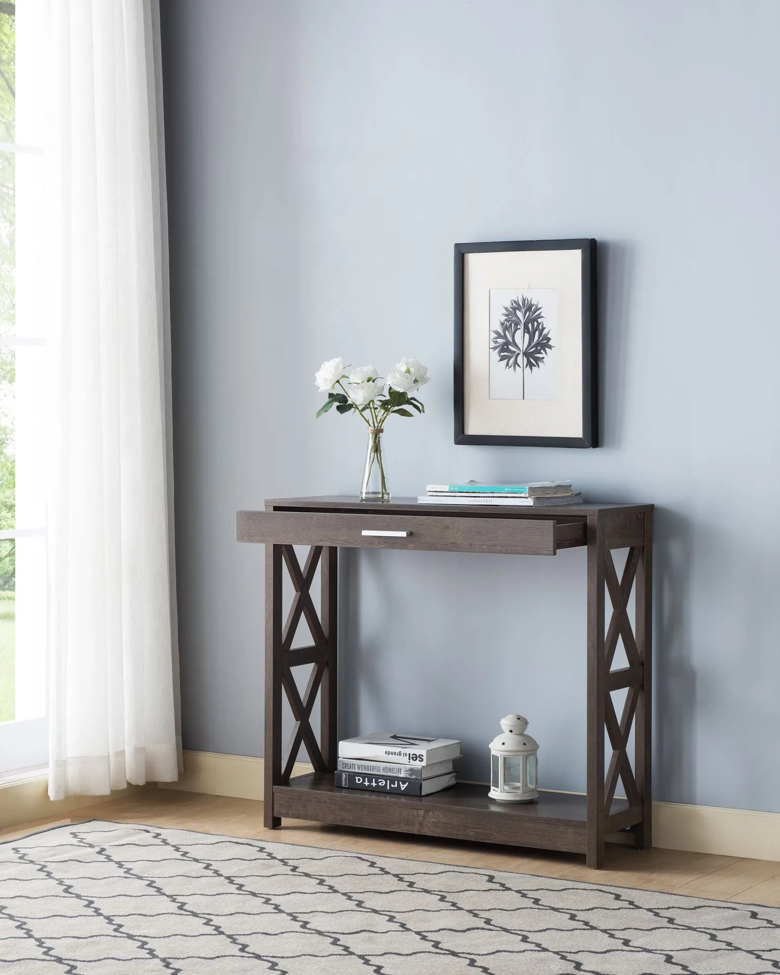 Walnut Oak Wood Storage Console Table- Model 18042B