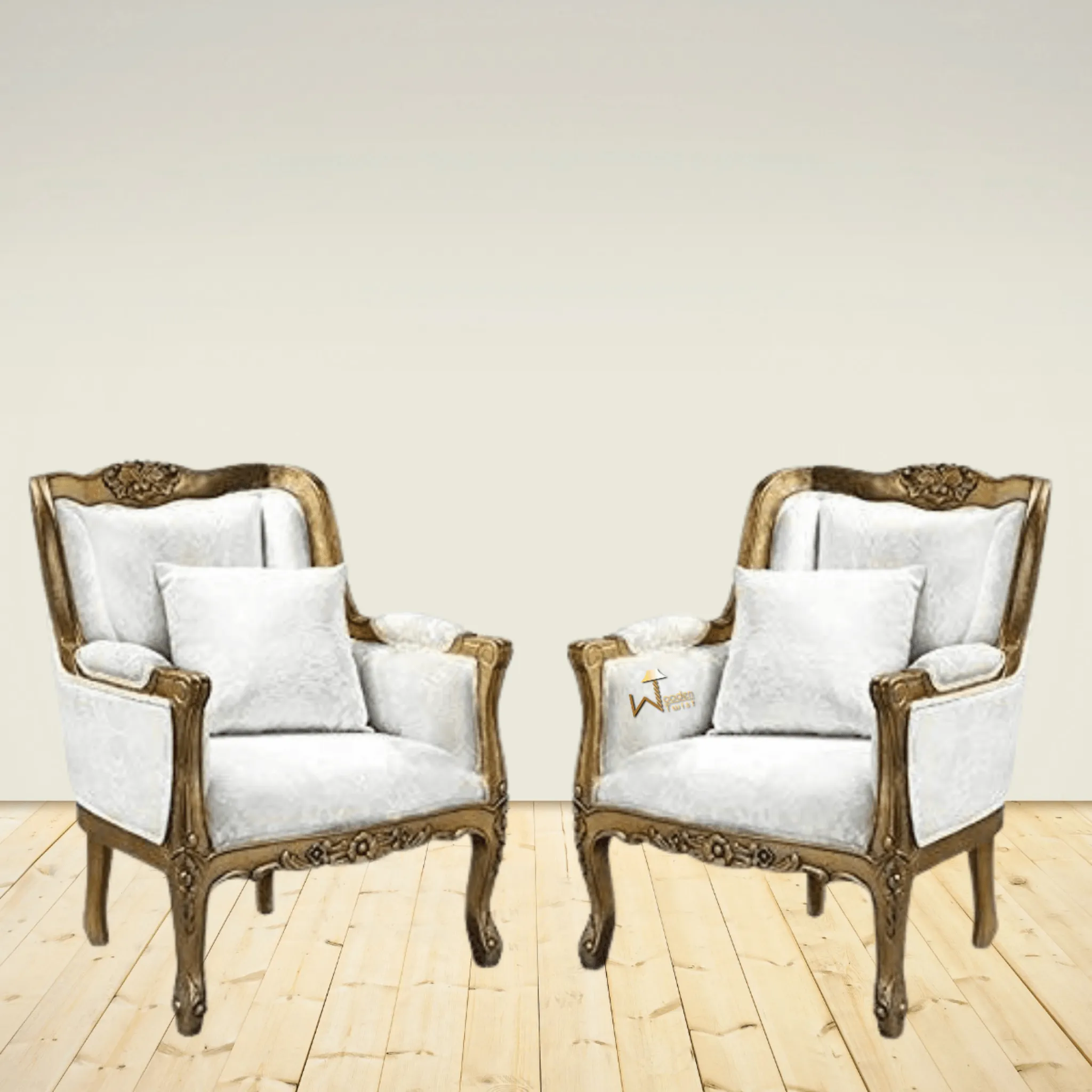 Wooden Twist Royal Look Teak Wood Armrest Sofa Chair (Set of 2)