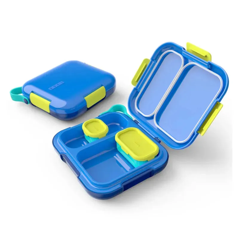 Zoku Neat Bento Jr. Kids Lunch Box with Attached Tray and 2 Containers | Blue | 9 x 2 x 8 inches