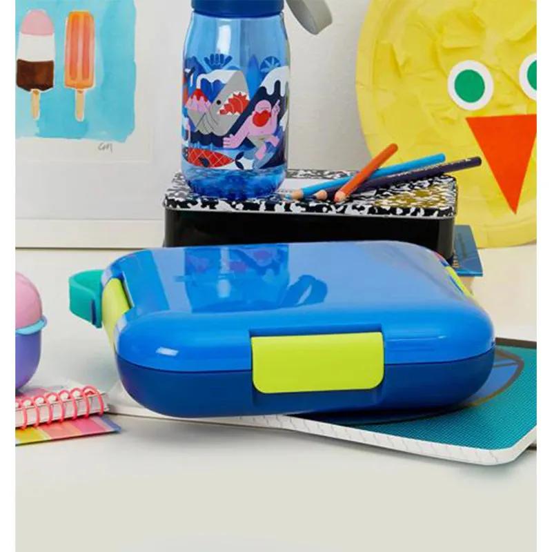 Zoku Neat Bento Jr. Kids Lunch Box with Attached Tray and 2 Containers | Blue | 9 x 2 x 8 inches